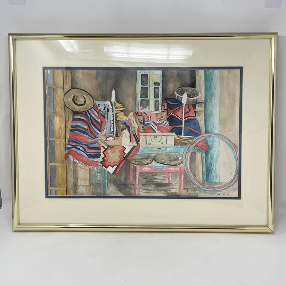 None and/or Unknown Other - Vintage Framed Art Southwest Navajo Blanket Watercolor Painting Signed Pat Kelly